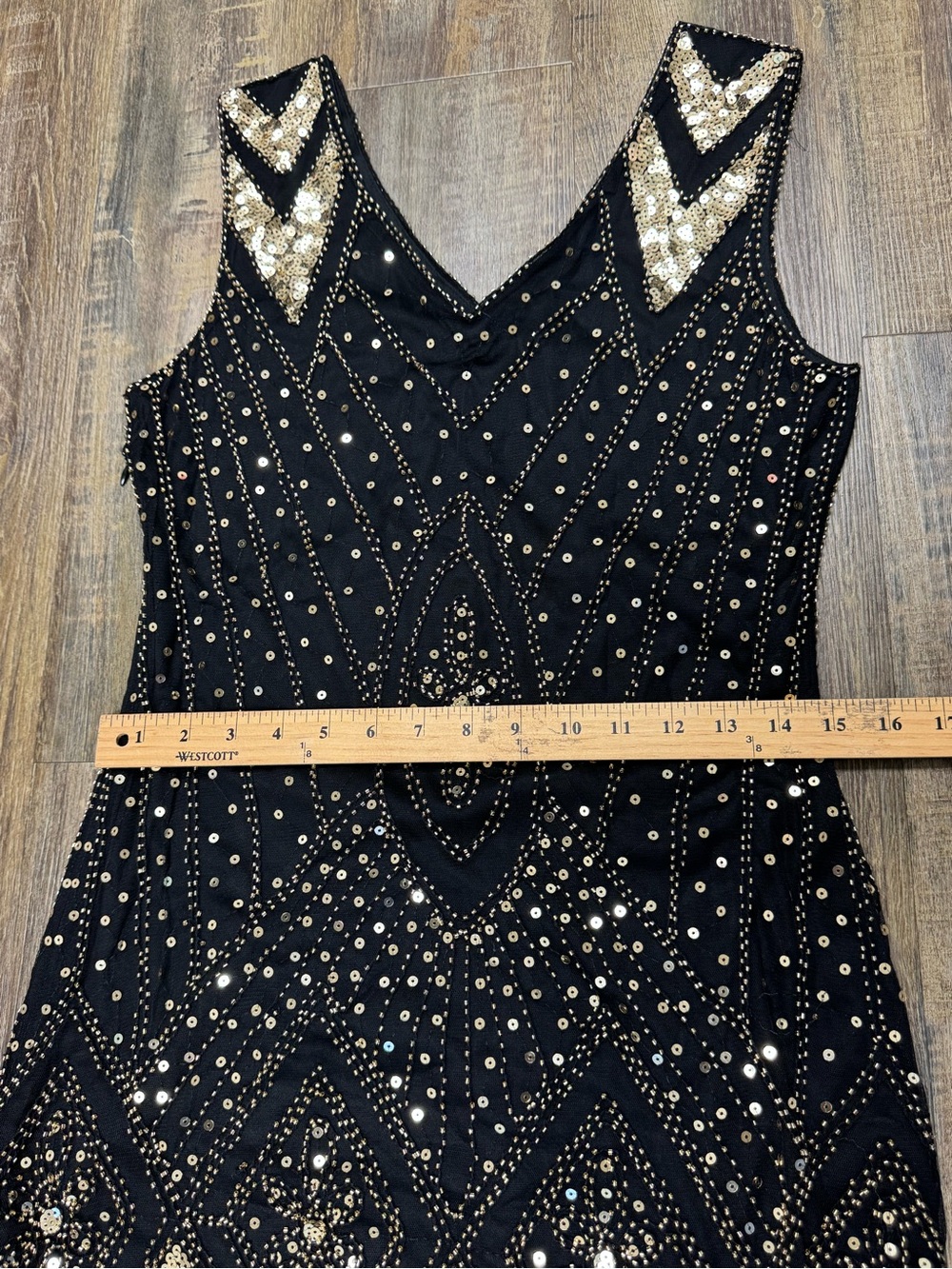 Black & Gold Beaded Fringe Evening Dress M - Picture 7 of 16